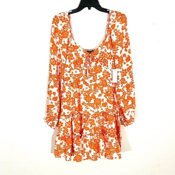 NEW Midnight Doll M Floral Print Tie Front Tiered Dress Sweetheart Neck Long Slv - Picture 2 of 8